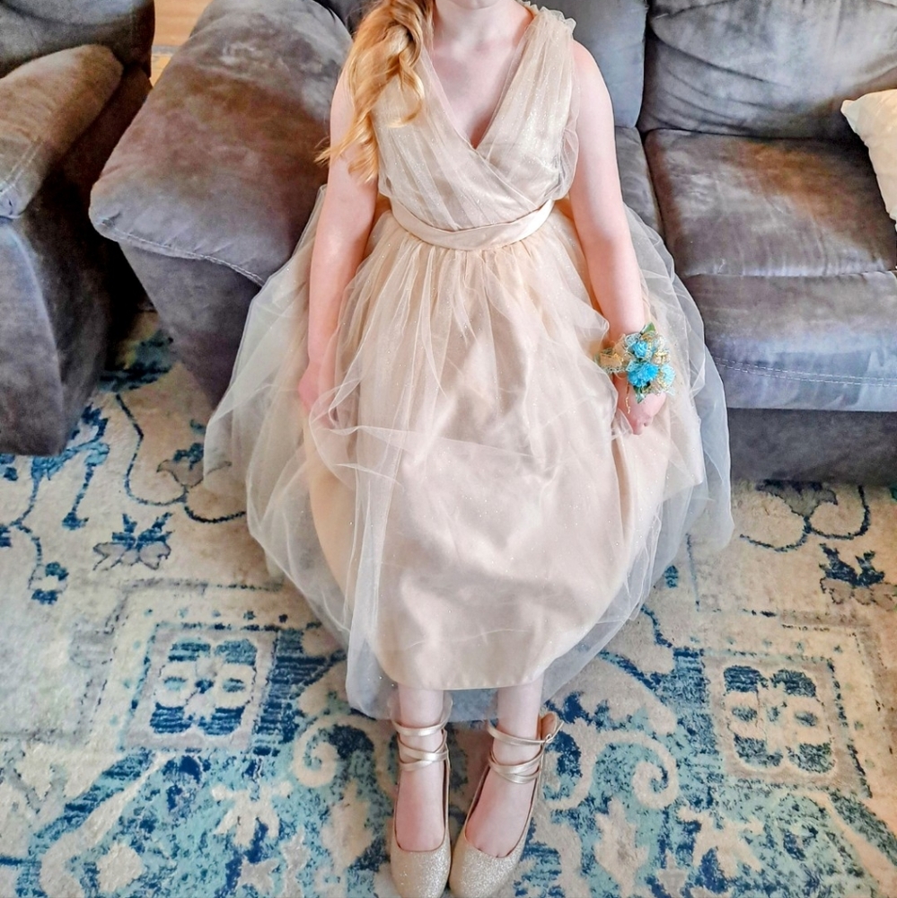 Formal girls dress, cream with gold sparkle